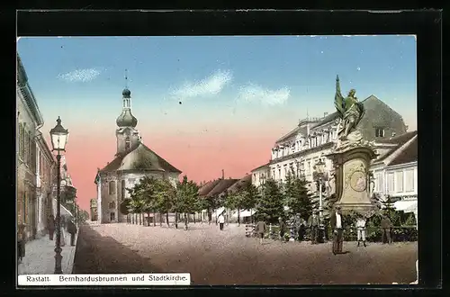AK Rastatt, Bernhardusbrunnen und Stadtkirche