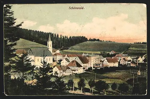 AK Schönwald, Ortsansicht mit Feldern aus der Vogelschau