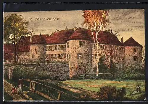 Künstler-AK Schorndorf, Schloss Schorndorf mit Rasenfläche