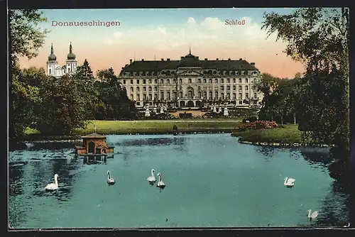 AK Donaueschingen, Schloss mit Schwanenteich