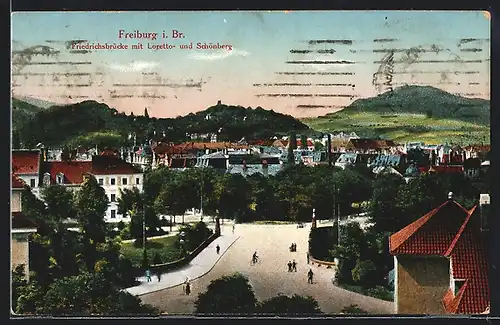 AK Freiburg i. Br., Friedrichsbrücke mit Loretto- und Schönberg