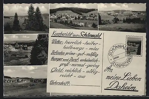 AK Schönwald /Schwarzw., Ortsansichten, Urlauber-Berichtsformular