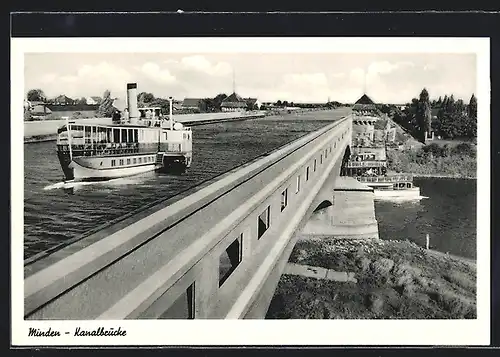 AK Minden, Kanalbrücke mit Dampfer