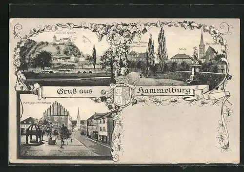 AK Hammelburg, Marktplatz mit Rathaus, Schloss Saaleck, Altes Schloss mit Winzerkeller, Schule und Pfarrkirche