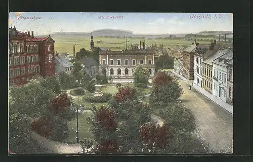 AK Oelsnitz i.V. Strasse am Bismarckplatz mit Bürgerschule