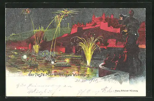 Lithographie Würzburg, Beleuchtung der Feste Marienberg