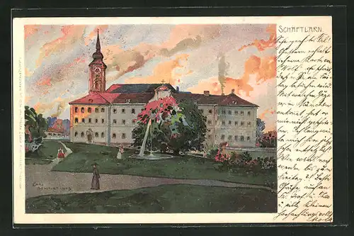 Lithographie Schäftlarn, Rathaus und Springbrunnen