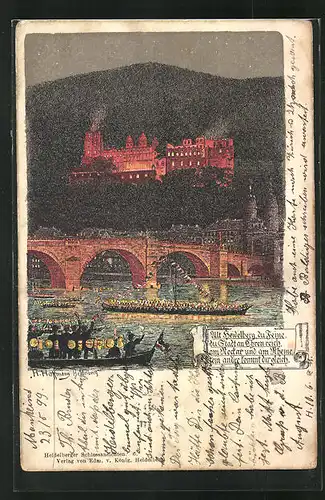 Lithographie Alt-Heidelberg, Teilansicht mit Brücke und Booten