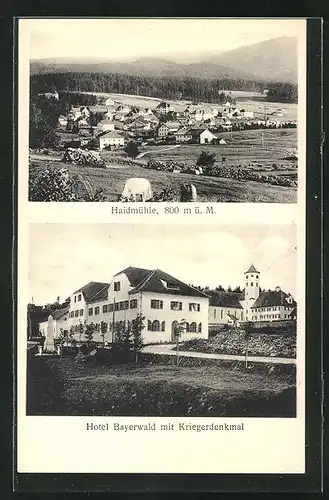 AK Haidmühle, Hotel Bayerwald mit Kriegerdenkmal, Ortsansicht