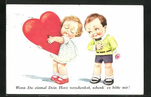 AK Mädchen mit Herz und Junge mit Blume