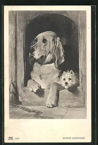AK Grosser und kleiner Hund in der Hundehütte