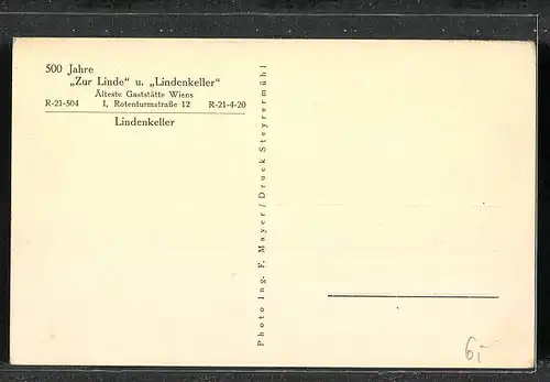 AK Wien, Gaststätte Zur Linde u. Lindenkeller, Rotenturmstr. 12