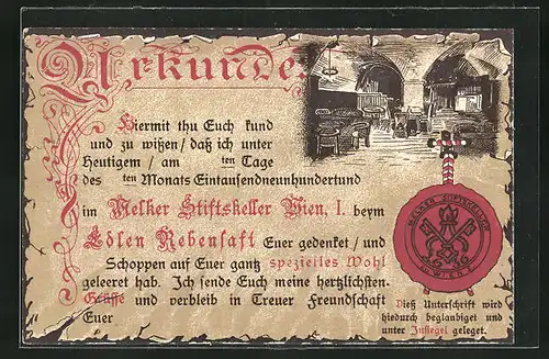 Präge-AK Wien, Urkunde aus dem Melker Stiftskeller