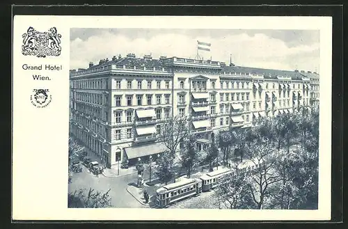 AK Wien, Grand Hotel am Kärtntnerring, Aussenansicht mit Strassenbahn