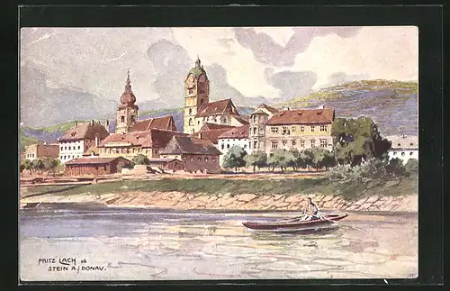 AK Stein a. Donau, Ortsteilansicht mit Kirche und Flusspartie