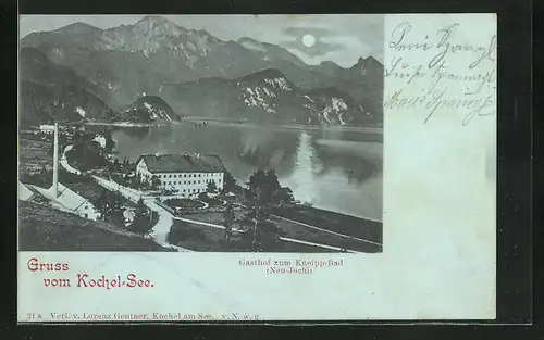 Mondschein-AK Kochel, Gasthaus zum Kneipp-Bad am Kochelsee