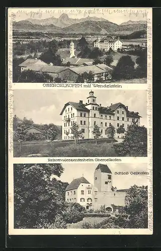 AK Oberoelkofen, Ortsansicht mit Wendelstein, Rekonvaleszentenheim und Schloss