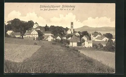 AK Schönberg / Bad Brambach, Blick über Felder zum Ort