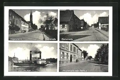 AK Hügelsheim, Hauptstrasse beim Rathaus, Rheinstrasse, Am Rhein