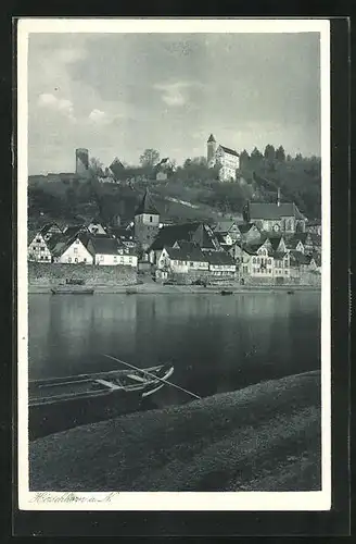 AK Hirschhorn a. N., Ortspartie mit Boot