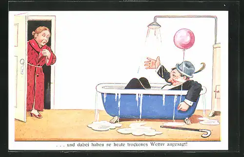 AK Frau blickt auf ihren betrunkenen Ehemann mit Kleidung in der Badewanne liegend