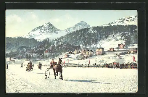 AK Pferdeschlittenrennen im verschneiten Gebirge, Trabfahren