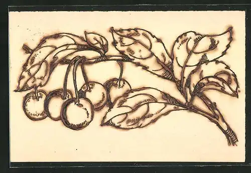 Holzbrand-Imitations-AK Zweig mit Kirschen und Blättern
