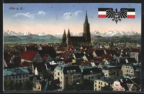 AK Ulm / Donau, Gesamtansicht mit Münster und Gebirgskette