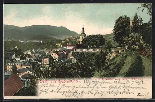 AK Baden-Baden, Terrasse vom neuen Schloss mit Blick auf die Stadt