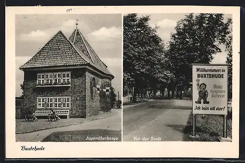 AK Buxtehude, Jugendherberge, Ortsschild vor der Stadt