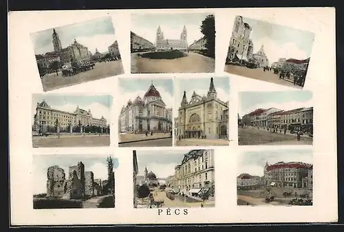 AK Pécs, Blick auf Ruine, Strassenbahn vor Geschäften