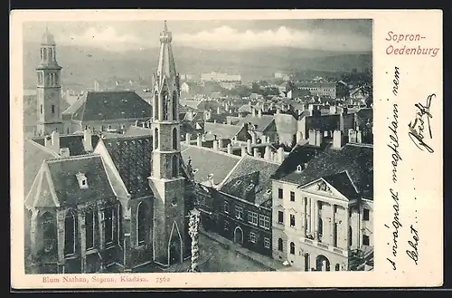 AK Oedenburg, Ortsansicht mit Kirche und Säule