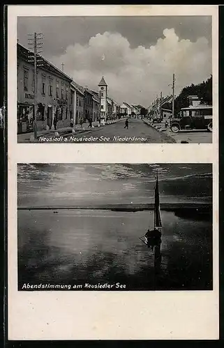 AK Neusiedl a. Neusiedler See, Strassenpartie am Rathaus, Abendstimmung am Neusiedler See, Segelboot