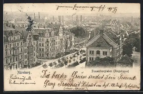 AK Nürnberg, Frauenthorgraben / Ringstrasse mit Mittelpromenade, von oben gesehen