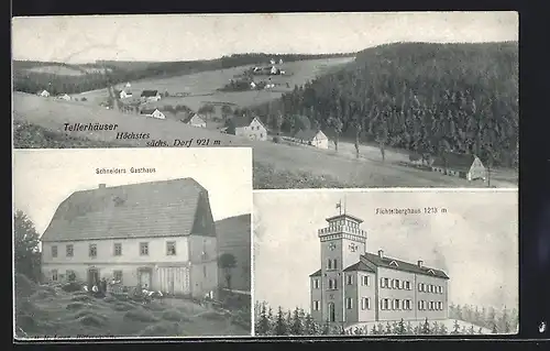 AK Tellerhäuser /Sa., Schneiders Gasthaus, Fichtelberghaus, Dorfansicht
