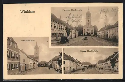 AK Winklarn, Pfarrhofstrasse mit Kirche, Unterer Marktplatz mit Kirche, Oberer Marktplatz