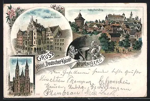 Lithographie Nürnberg, Hotel Deutscher Kaiser, Haller Thor & Burg