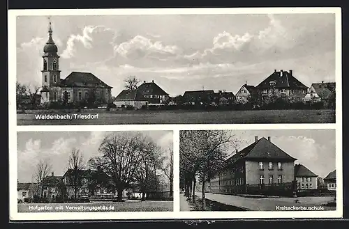 AK Weidenbach, Kreisackerbauschule, Hofgarten mit Verwaltungsgebäude, Teilansicht mit Kirche