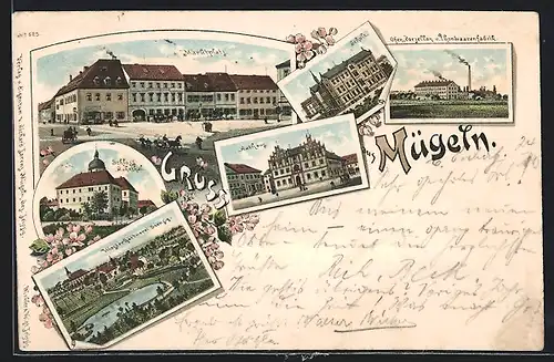 Lithographie Mügeln, Klostergärtnerei Sornzig, Ofenfabrik, Marktplatz, Rathaus