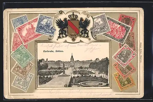 Passepartout-Präge-AK Karlsruhe, Blick auf das Schloss, Wappen, Briefmarken