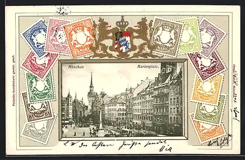 Präge-AK München, Marienplatz, Wappen und Briefmarken Bayerns