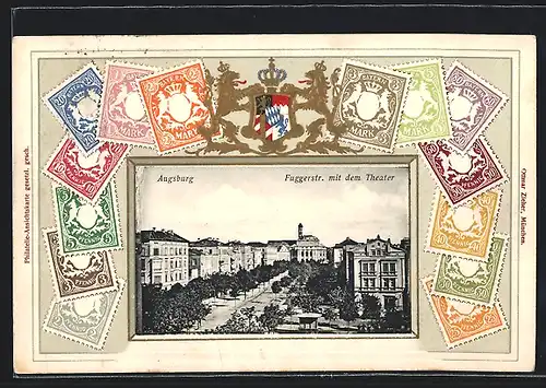 Präge-AK Augsburg, Fuggerstrasse mit Theater, Wappen und Briefmarken Bayerns