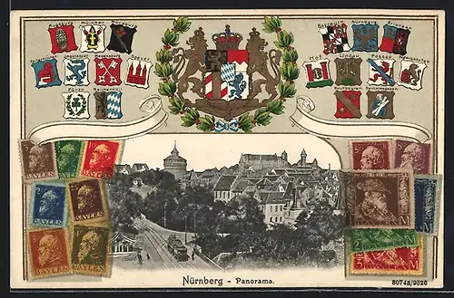 AK Nürnberg, Panorama mit Briefmarken und Wappen