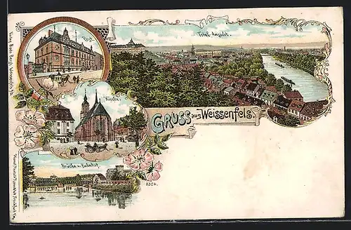 Lithographie Weissenfels, Post, Kirche, Brücke und Bahnhof