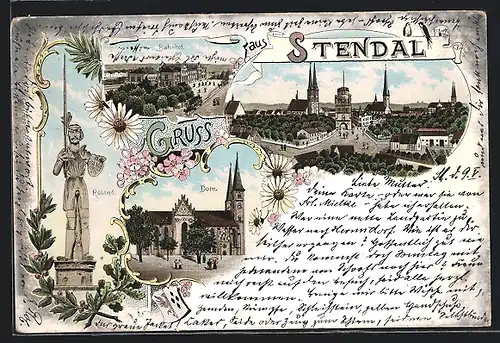 Lithographie Stendal, Bahnhof, Dom, Roland, Strassenpartie