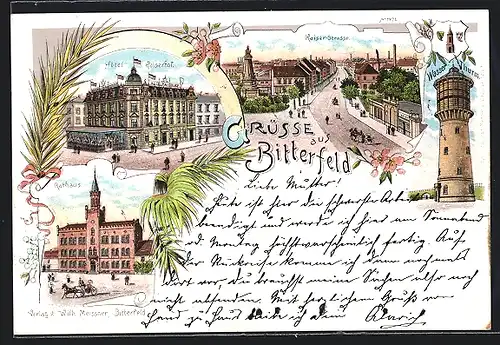 Lithographie Bitterfeld, Hotel Kaiserhof, Rathaus, Kaiser-Strasse