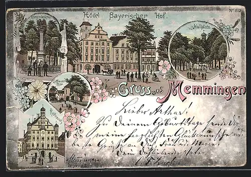 Lithographie Memmingen, Hotel Bayerischer Hof, Lindauer Thor, Hallplatz