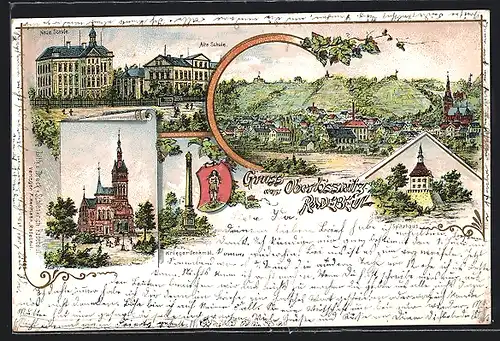 Lithographie Radebeul-Oberlössnitz, Neue und Alte Schule, Spitzhaus, Ortsansicht