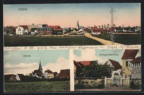 AK Vach, Teilansicht mit Feldweg, Kirche, Kriegerdenkmal