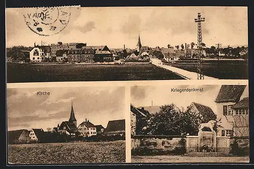 AK Vach, Teilansicht mit Feldweg, Kirche, Kriegerdenkmal